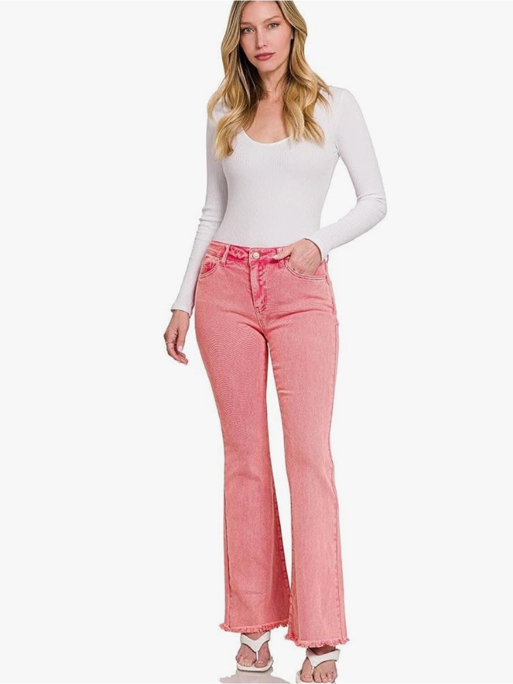 Zenana Slim Bootcut Flare Jeans Acid Wash Ash Dark Pink Large - Picture 3 of 5